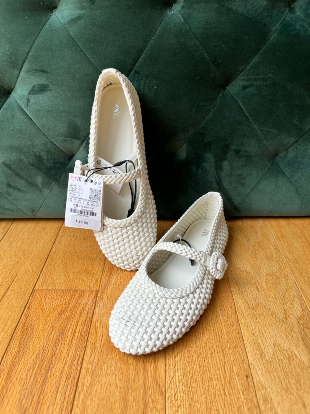 Zara Ivory Braided Ballet Flats Buckle Strap NWT Size 36